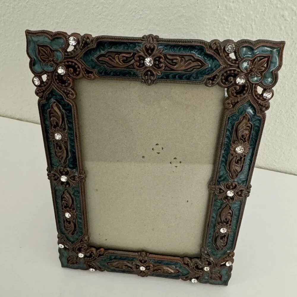 Vintage Picture Frame Metal Enamel Stones Ornament